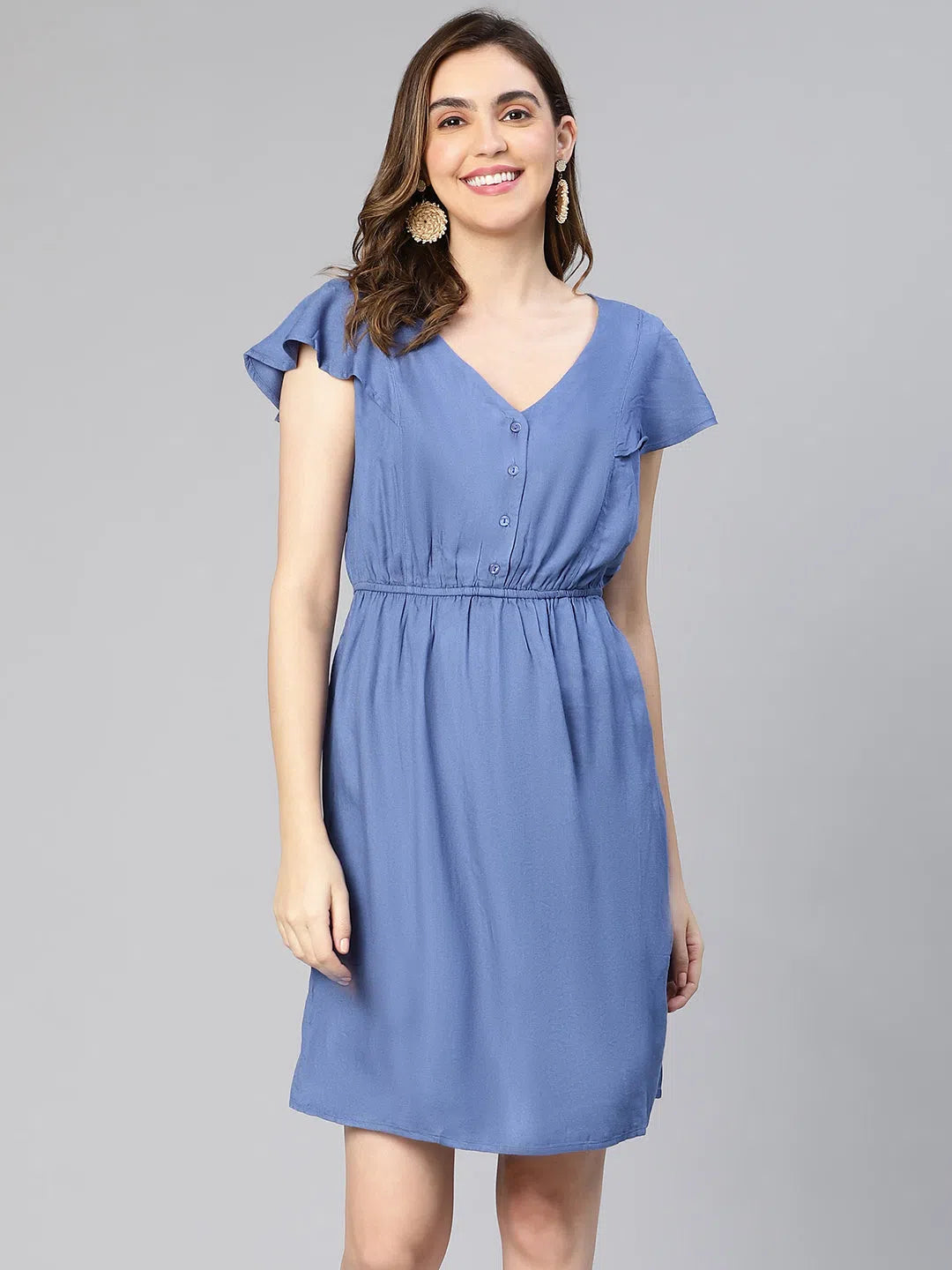 Exclusive Fashion Deals Level Up Blue Elasticated Short Sleeve Women Casual Dress Mid - Season Sale