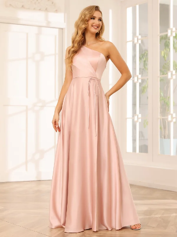 Don't Miss Out A-Line/Princess One-Shoulder Long Bridesmaid Dresses with Split Side & Sash Romantic Detailing