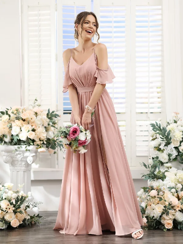 Season Offer A-Line Spaghetti Straps Split Side Ruched Floor-Length Chiffon Bridesmaid Dresses Cottagecore Rustic Charm Style