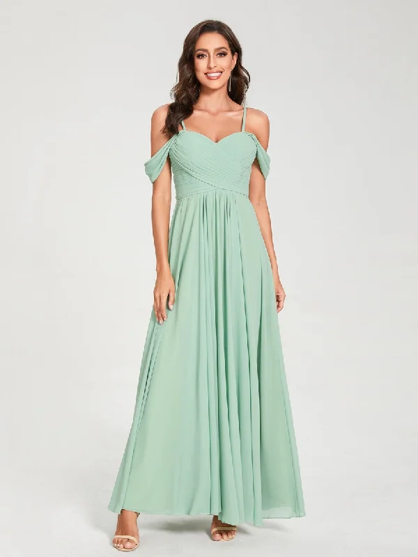 Hot Items A-Line/Princess Chiffon Spaghetti Straps Short Sleeves Floor-Length With Pleats Bridesmaid Dresses Subtle Sophistication