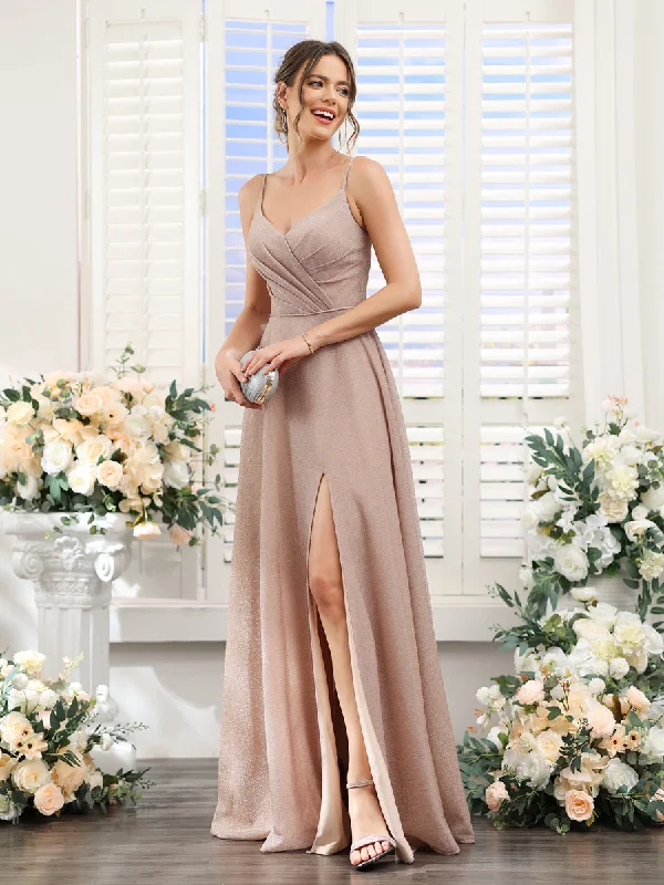 Discover Now A-Line V-Neck Metallic Lurex Long Bridesmaid Dresses with Spaghetti Straps Elegant Contour