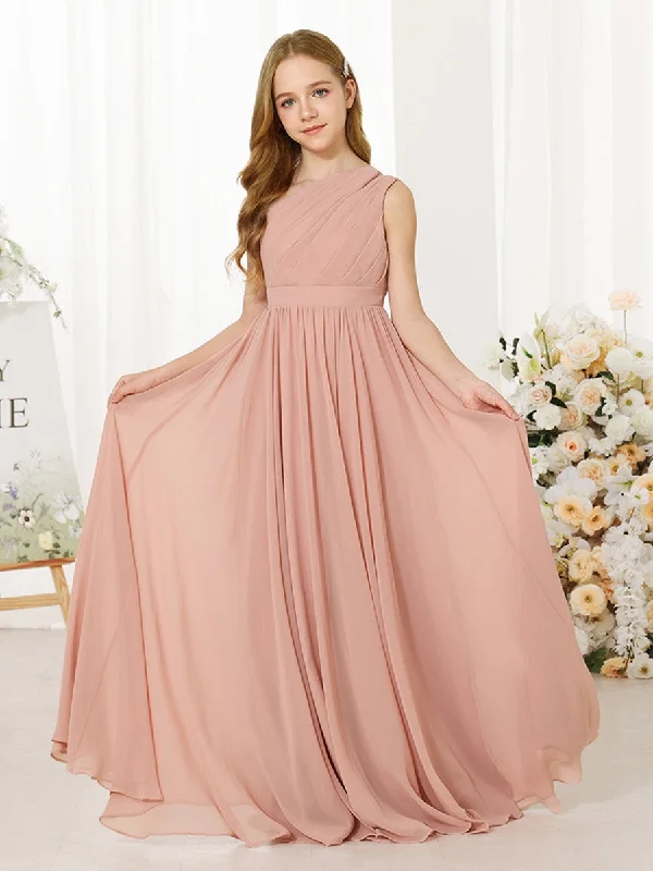 Gift Ideas A-Line/Princess Chiffon Sleeveless One-Shoulder Floor-Length Junior Bridesmaid Dresses Parisian Effortless Chic Style