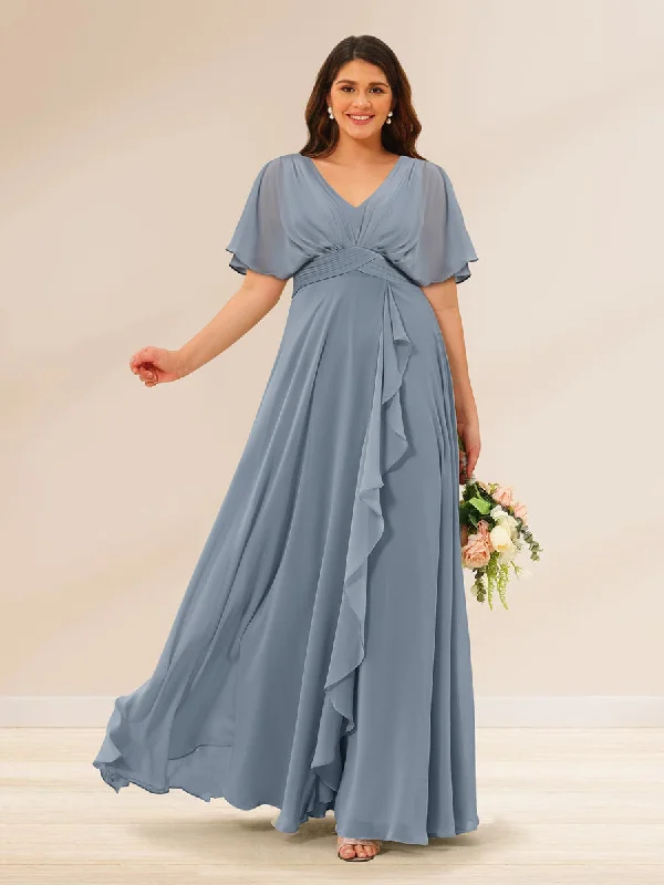 Get The Latest Trends A-Line/Princess V-Neck Short Sleeves Plus Size Bridesmaid Dresses with Pockets Modern Romance