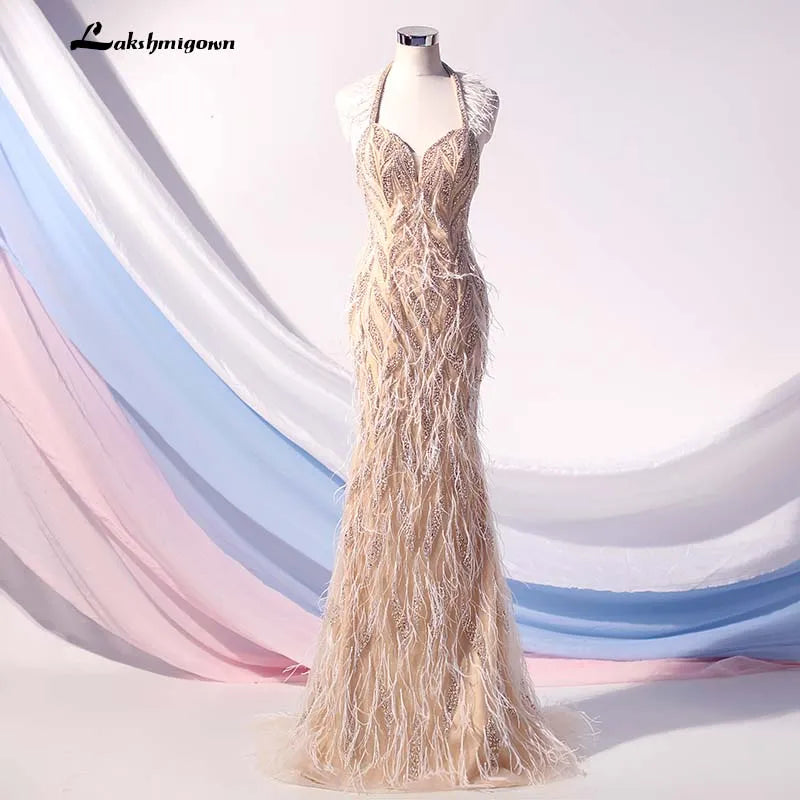 Contemporary Chic Promotions Roycebridal Lakshmigown Couture Halter Feather Evening Dress Long Nude Crystals Beaded Backless Formal Evening Gown Robe De Soiree Classic Charm