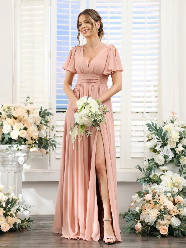 Limited Time Flash Sale A-Line V-Neck Short Sleeves Split Side Floor-Length Chiffon Bridesmaid Dresses Mother's Day Special