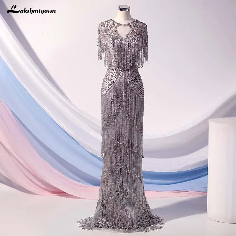 Sophisticated Street Style Offers Roycebridal Lakshmigown Couture Luxury Silver Crystals Evening Dresses Long High Neck Cap Sleeve Mermaid Evening Gown Robe De Soiree Vintage Elegance