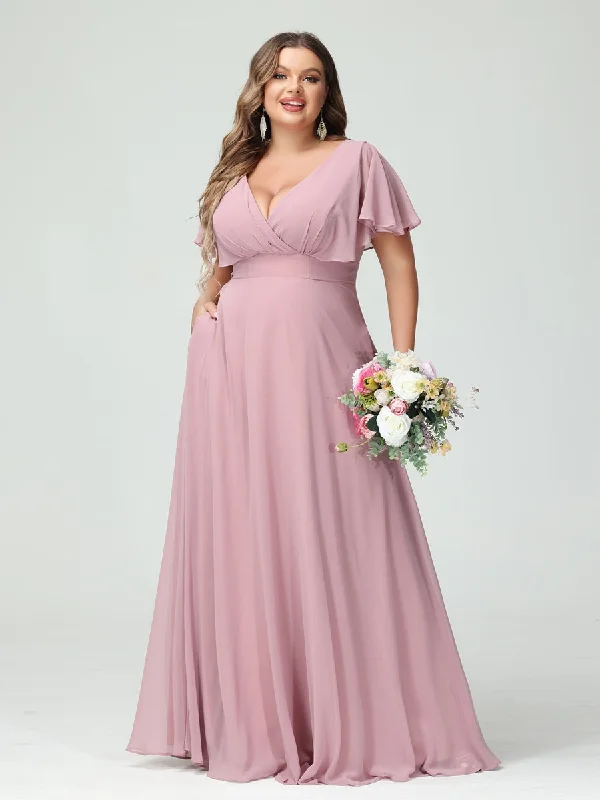 Limited Stock A-Line/Princess V-Neck Short Sleeves Chiffon Plus Size Bridesmaid Dresses with Pockets Feminine Soft - Hued Styles