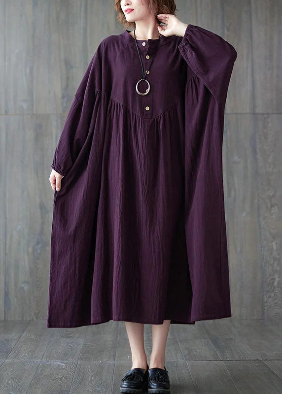 New Styles Just In Purple wrinkled Cotton Casual Dresses Long Sleeve Father's Day Deals