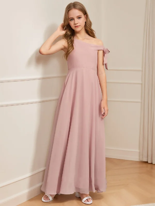 Fashion Sale A-Line/Princess One-Shoulder Asymmetrical Bow Junior Bridesmaid Dresses Update with Cottagecore Styles