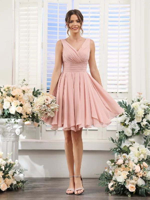 Season Sale A-Line V-Neck Sleeveless Ruched Chiffon Short Bridesmaid Dresses Now on Sale for Chic Urban Styles