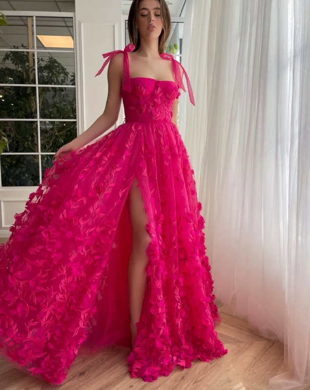 The Good Stuff Roycebridal Kayleigh | Fuchsia Elegant A-line 3D Flower Lace Prom Dress With Slit Casual Weekend Relaxed Style