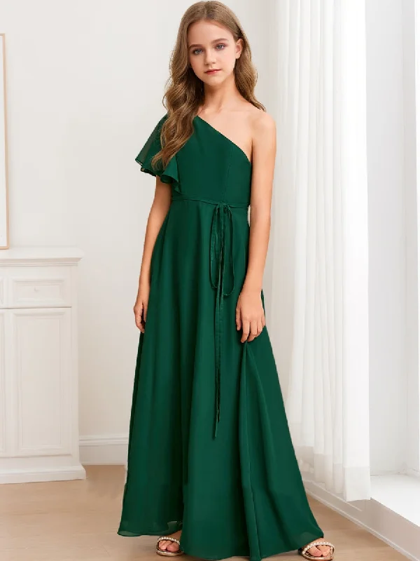 Premium Style Offers A-Line/Princess One-Shoulder Asymmetrical Belt Junior Bridesmaid Dresses Ethnic Cultural Event Wear