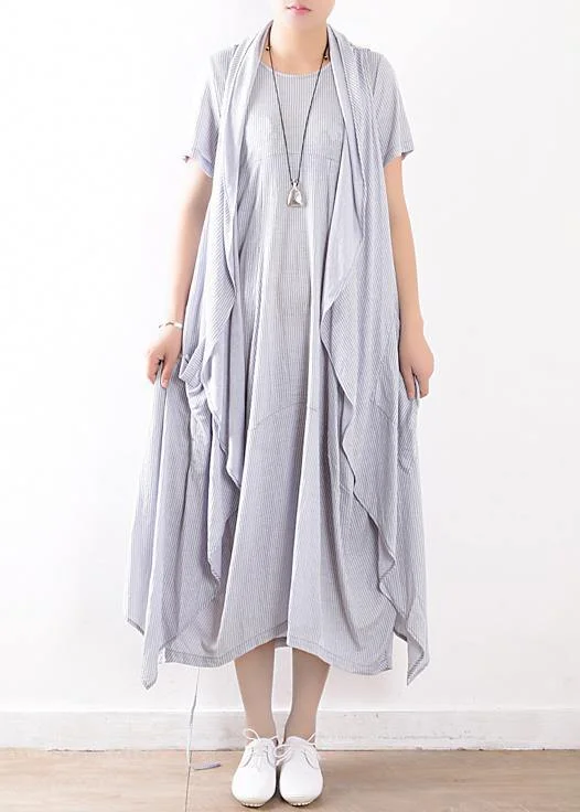 Special Offers, Don't Miss summer light blue linen women sleeveless outwear plus size women casual dress two pieces Bold Patterns