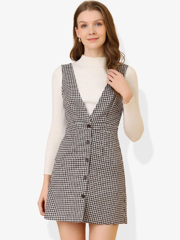 Mega Sales Overalls Suspenders V Neck Plaid Houndstooth Pinafore Dress Final Clearance