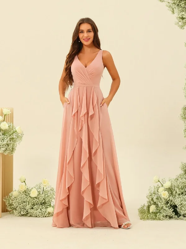 Limited-Time Offer A-Line/Princess V-Neck Sleeveless Long Ruched Bridesmaid Dresses with Ruffles Big Savings on Minimalist Office Styles