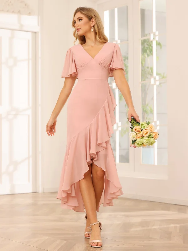 Flash Sales Sheath/Column V-Neck Asymmetrical Bridesmaid Dresses with Ruffles Effortless Comfort