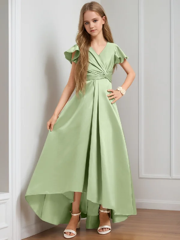 Urban Elegance Deals A-Line/Princess V-Neck Short Sleeves Ruffles Junior Bridesmaid Dresses Parisian Effortless Chic Style