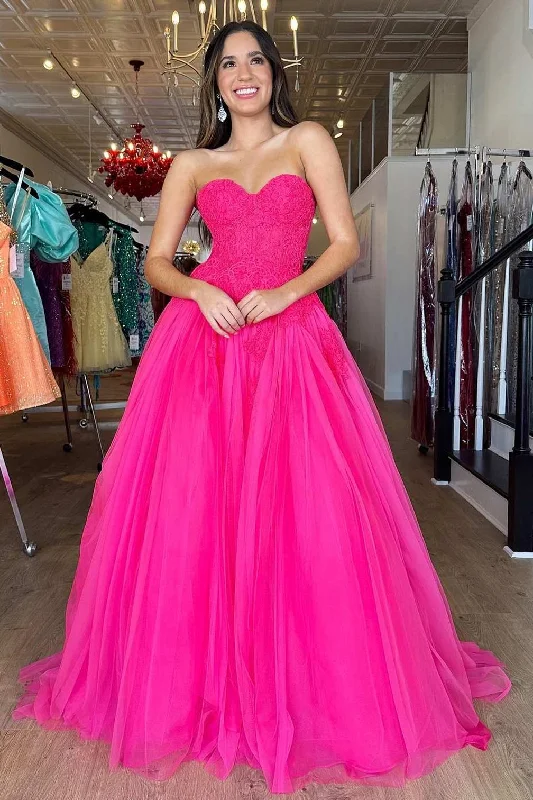 Massive Savings Roycebridal Amora |A-Line Hot Pink Tulle Lace StraplessLong Prom Dress Seasonal Trend