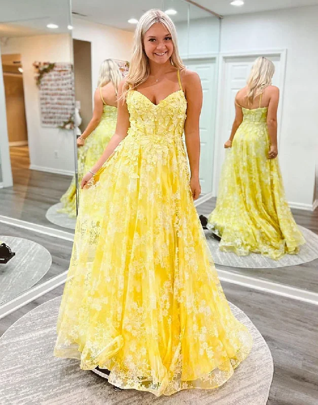 Chic Style Discounts Roycebridal Ellis | Cute Yellow A-Line Spaghetti Straps Long Prom Dress With Appliques Coastal Beach - Inspired Style