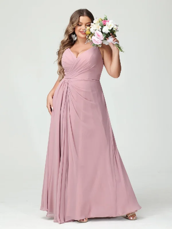 Budget Friendly A-Line/Princess Spaghetti Straps Sleeveless Chiffon Split Side Plus Size Bridesmaid Dresses with Pockets Limited Quantities