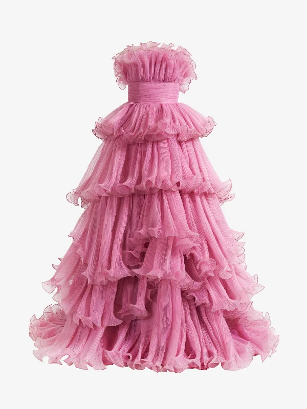 Limited Time Offer Roycebridal Vanessa |Pink Strapless A-Line Tiered Crinkled Tulle Prom Dress Charming Silhouette