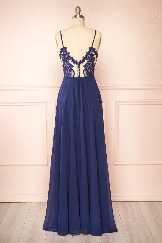 Minimalist Fashion Sale Peggie Navy | Chiffon Maxi Dress w/ Back Embroidery Save on Classic Elegant Styles