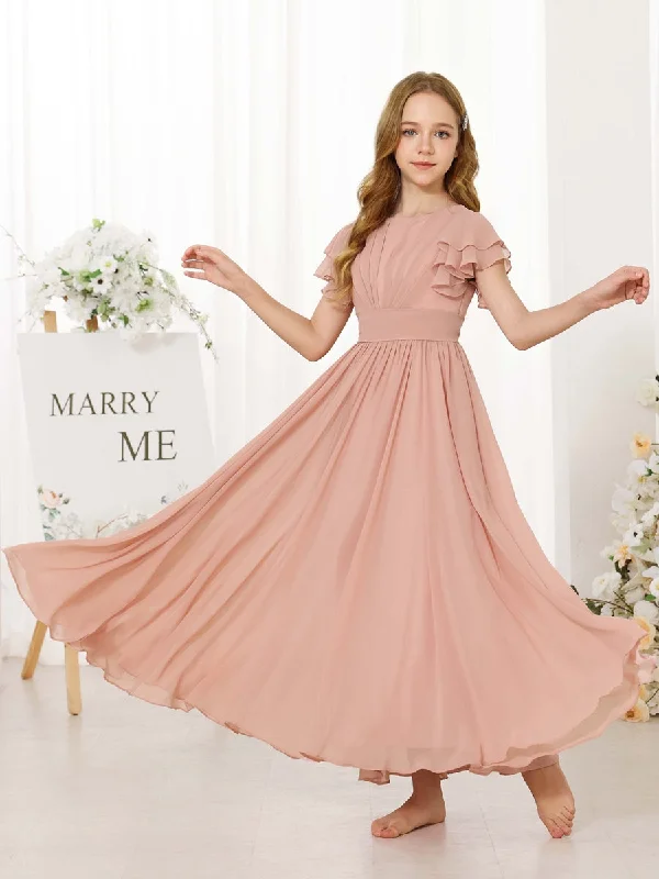 Must Haves A-Line/Princess Chiffon Short Sleeves Scoop Neck Ankle-Length Junior Bridesmaid Dresses Nordic Minimalist Home Look