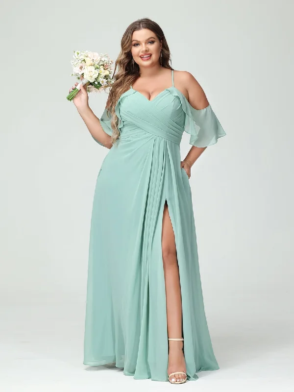 Best-Sellers A-Line/Princess Spaghetti Straps Short Sleeves Chiffon Ruched Split Side Plus Size Bridesmaid Dresses with Pockets Classic Timeless Elegant Style