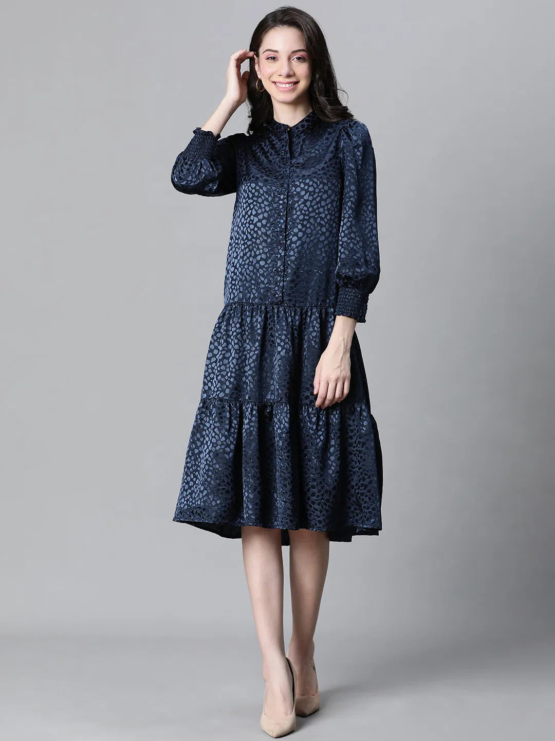 Contemporary Fashion Sale Women Soild Blue Round Neck Long Sleeve Casual Dress-W23228WDR005 Discounts on Casual Weekend Styles