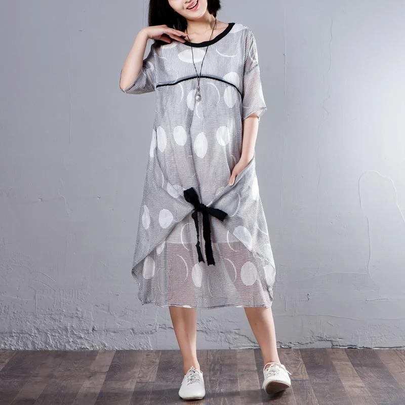 Crazy Discounts, Hurry Up Simple cotton linen tunic dress fine Loose Half Sleeve Stripe Round Neck Casual Dress Romantic Detailing