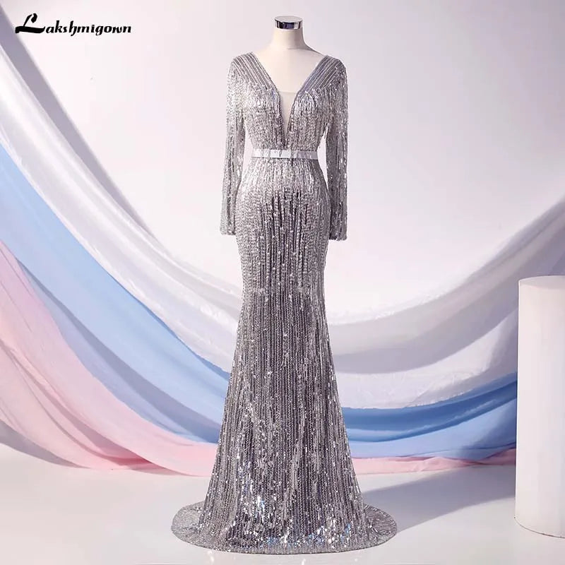 Chic & Modern Sales Roycebridal Lakshmigown Luxury Silver Mermaid Sequined Evening Dresses V-Neck Long Sleeves Evening Gown robe de soiree Elevated Style