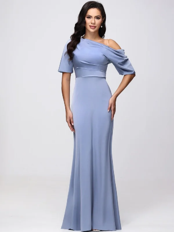 Browse Our Top Products Sheath/Column One-Shoulder Short Sleeves Satin Ruched Long Bridesmaid Dresses Weekend Special