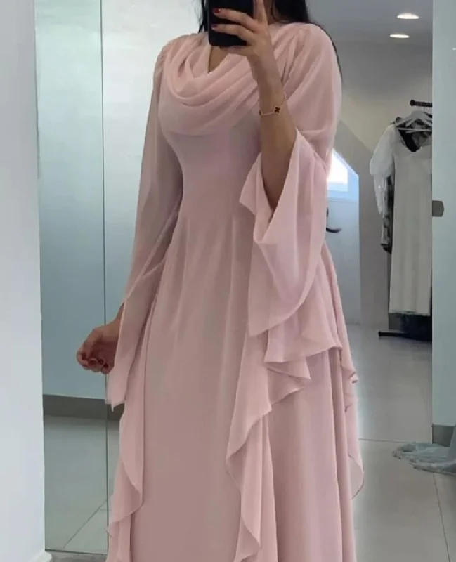 Premium Style Puff Sleeve Pink Loose Ankle-Length Casual Dress Evening Dress     S7007 Graceful Movement