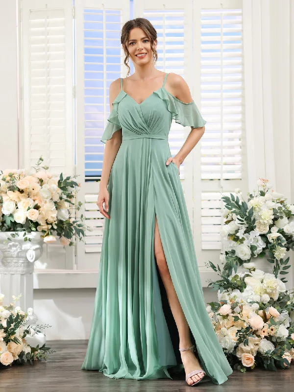 Popular Collection A-Line V-Neck Spaghetti Straps Short Sleeves Split Side Chiffon Bridesmaid Dresses Score Big on Glamorous Red - Carpet Styles