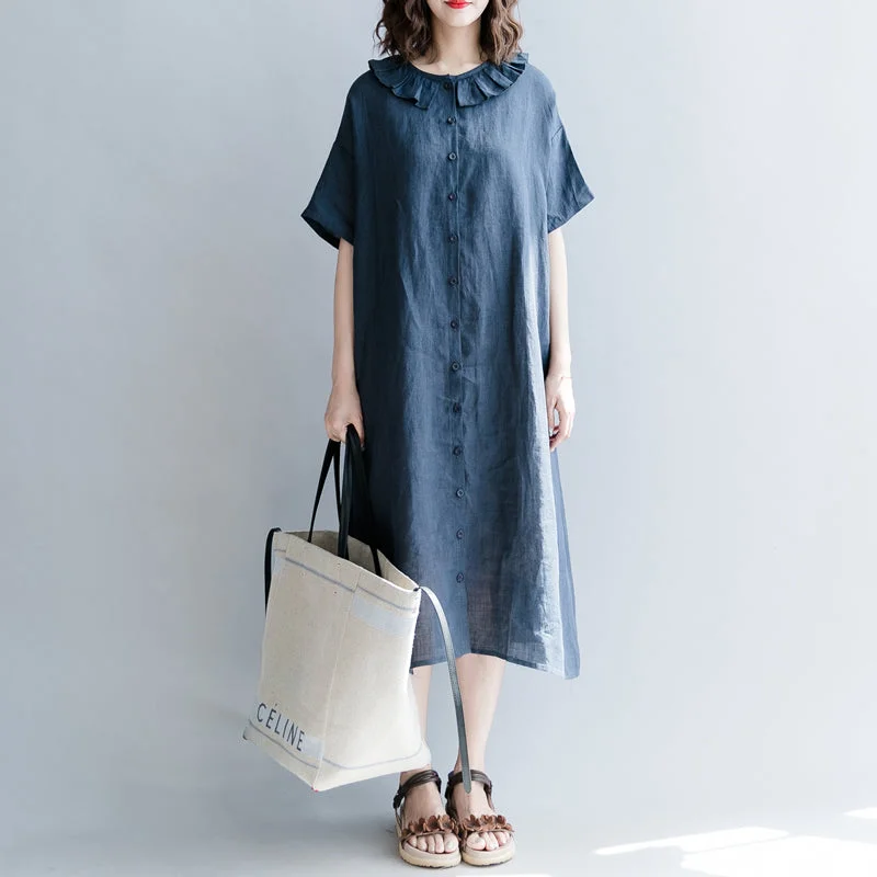 Must Haves Elegant navy cotton linen dress casual dress fine short sleeve patchwork Peter pan Collar pockets cotton linen dresses Save on Inspired Styles