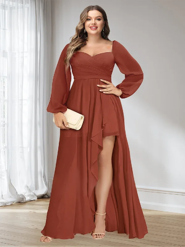 Additional Time-Limited Offers A-Line/Princess Sweetheart Long Sleeves Asymmetrical Ruched Plus Size Bridesmaid Dresses Rustic Countryside Charm Look