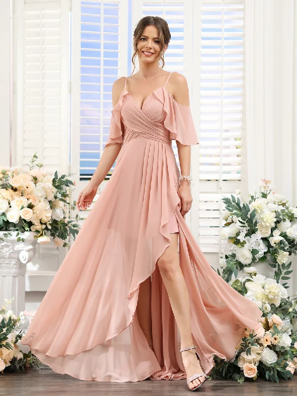 Classic Modern Offers A-Line V-Neck Spaghetti Straps Short Sleeves Asymmetrical Chiffon Bridesmaid Dresses Now on Sale for Chic Urban Styles