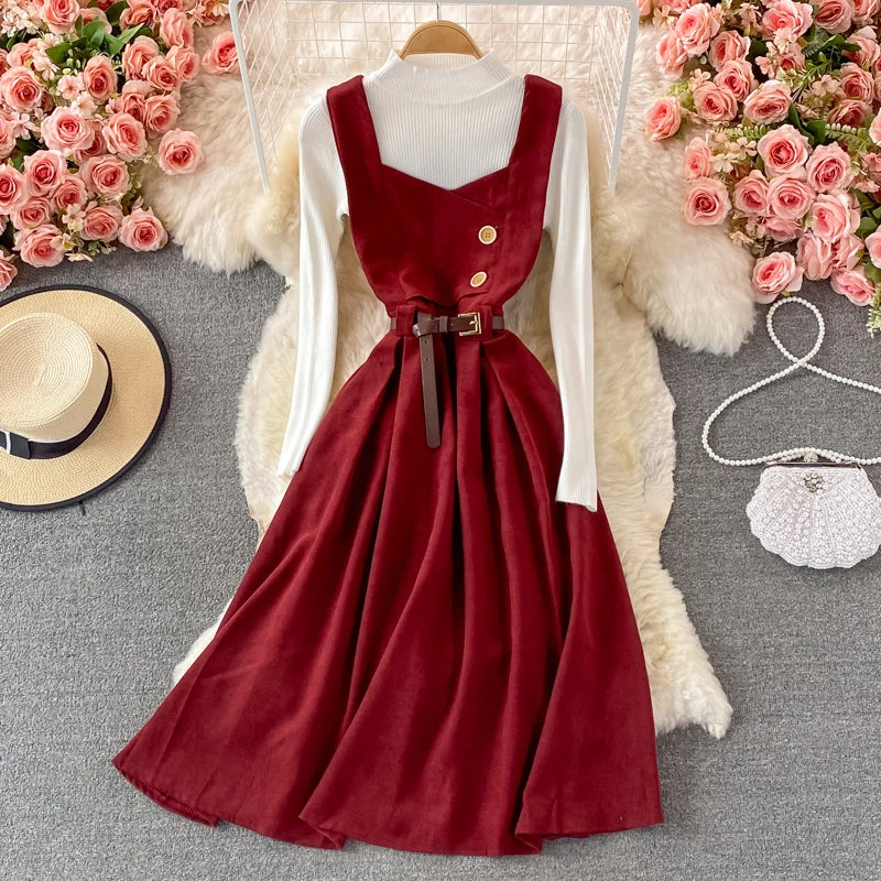 Shop Sale Items Retro suspender skirt, waist and corduroy dress, two-piece stand-up collar knitted bottoming shirt  S88 Playful Elegance