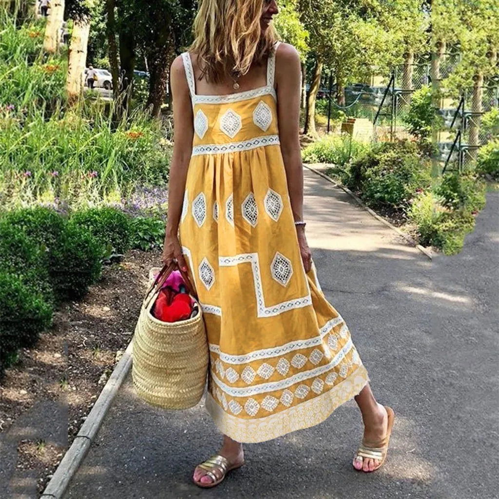 Trendy Women'S Wear Collection JuliaFashion - Women Summer Beach SunVintage Vestidos Print Strap Boho Style Big Swing Holiday Maxi Female Casual Dress End - of - Month Blowout