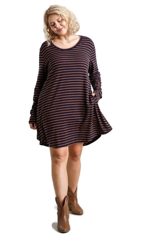 Fashion Forward, Function First Striped Casual Dress, Navy / Brown Now on Sale for Chic Urban Styles