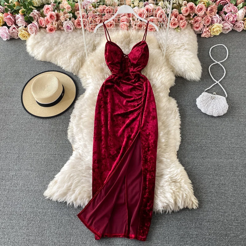 Season Sale Banquet wine red evening dress velvet suspender split dress  3309 Winter Warm - Up Sale