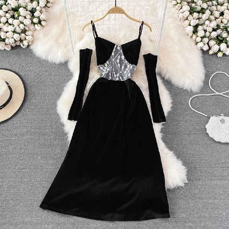 New Arrivals Hepburn style black velvet suspender skirt design sense evening dress skirt  10999 Mid - Season Sale