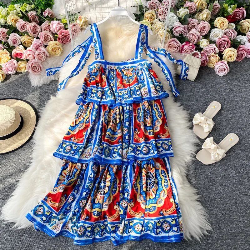 Daring Fashion Promotions Suspender blue and white cake skirt printed fashion dress  2848 Mid - Season Sale