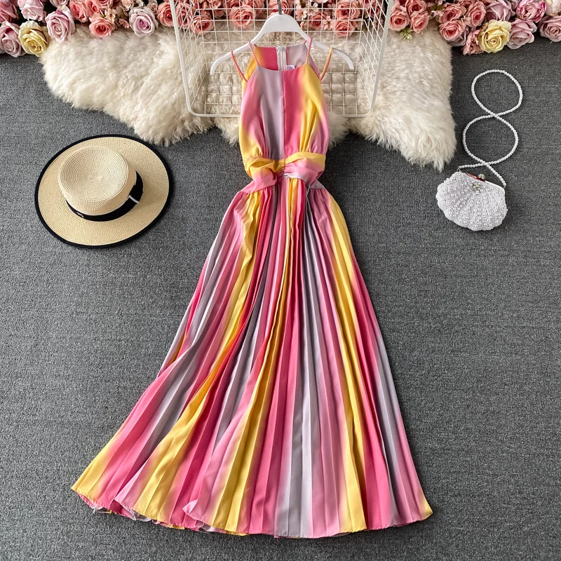 Quick Grab Deals New sleeveless gradient rainbow neck suspender Pleated Dress  2728 Casual Elegance