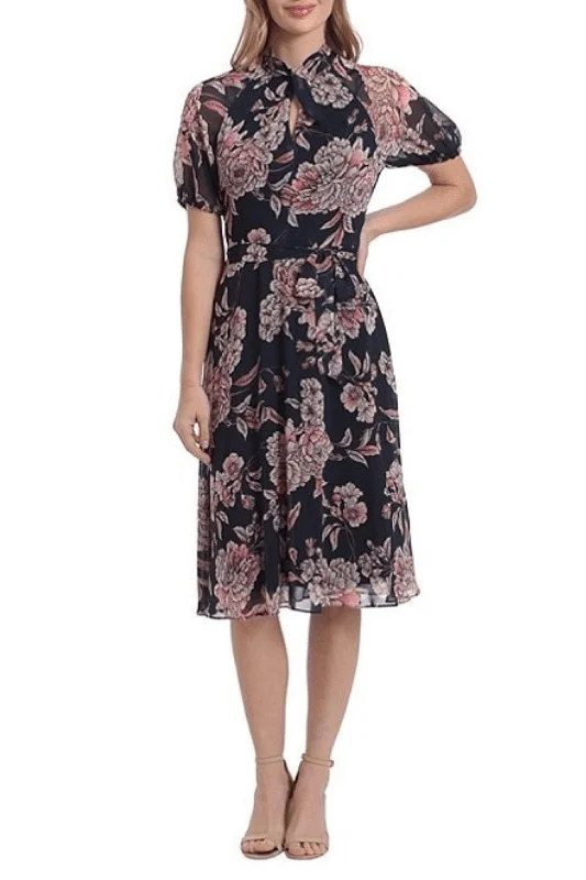 Vibrant Style Promotions London Times T6521M - Tea-Length High Neck Casual Dress Vibrant Prints