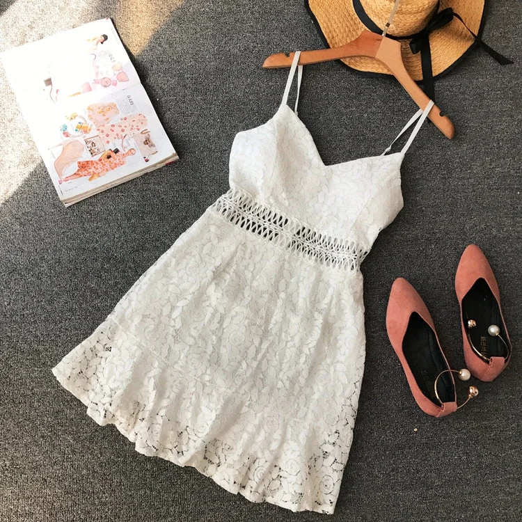 Laid-Back Fashion Offers Korean solid lace suspender V-neck high waist slim cut waist closing dress  2812 Huge Savings on Parisian Styles