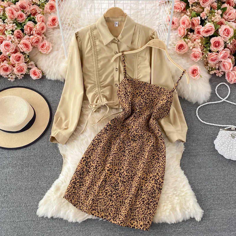 Casual Fashion Slim leopard suspender dress two-piece set female  3243 Casual Elegance