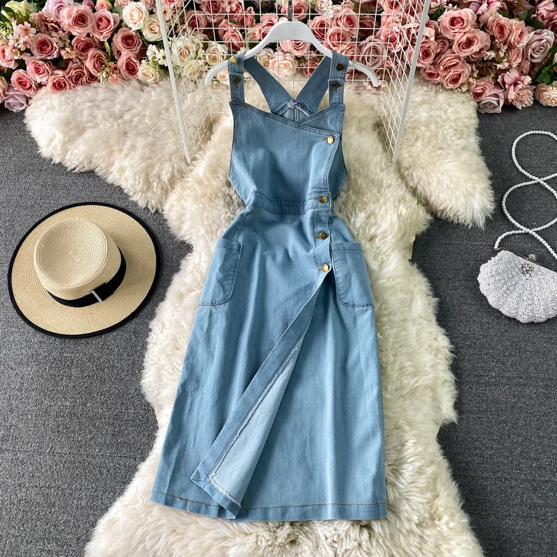 Day-To-Night Styles Denim suspender dress split sleeveless suspender vest skirt  3312 Beat the Heat in Tropical Styles