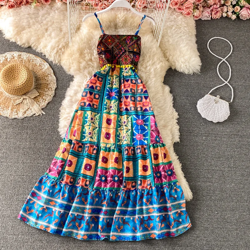 Chic Style Discounts Printed ethnic embroidery suspender dress  3185 Graceful Drape