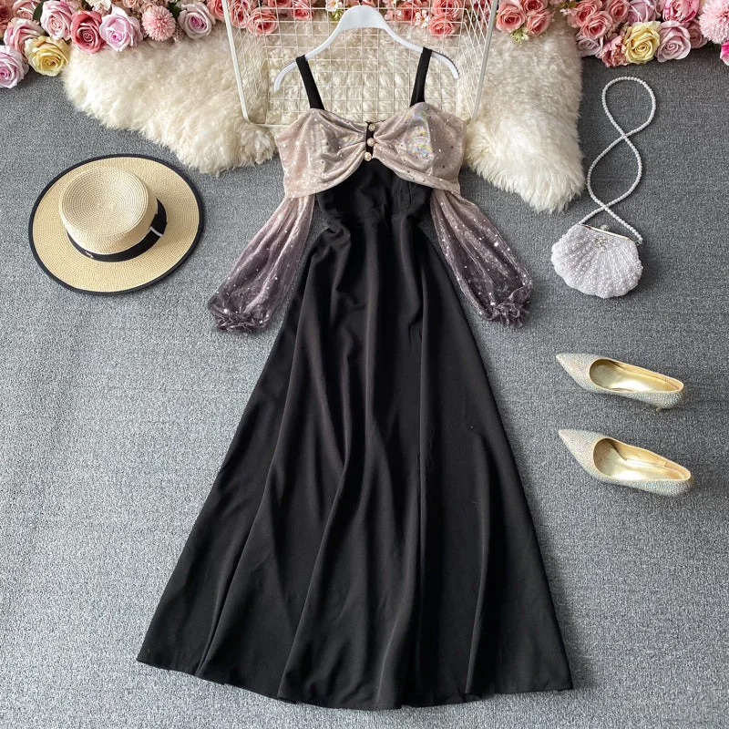 Budget-Friendly Fashion Sexy suspender French off shoulder swing dress  3412 Feminine Soft - Hued Styles